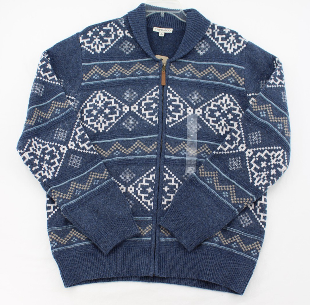 New FRYE Full Zip Cardigan Sweater Mens XL Blue White Nordic Fair Isle Aztec